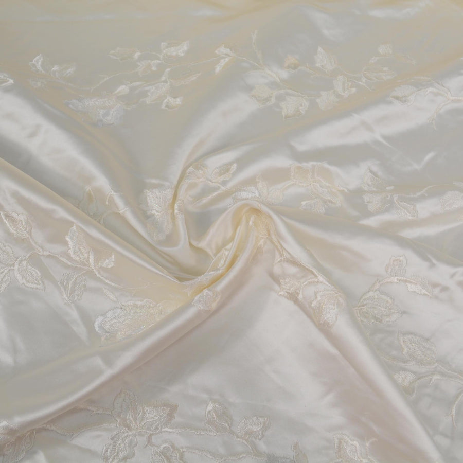 100% Silk European Duchess Satin | Heavyweight Custom Made Embroidered Cream Floral 52" Wide | By the Yard