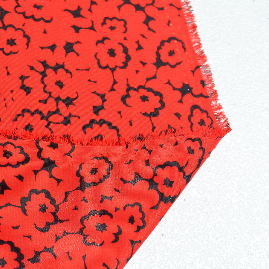 Pure Silk Twill Fabric | Black & Red Floral Lightweight Designer Deadstock | Dresses, Blouses, Scarves | By the Yard