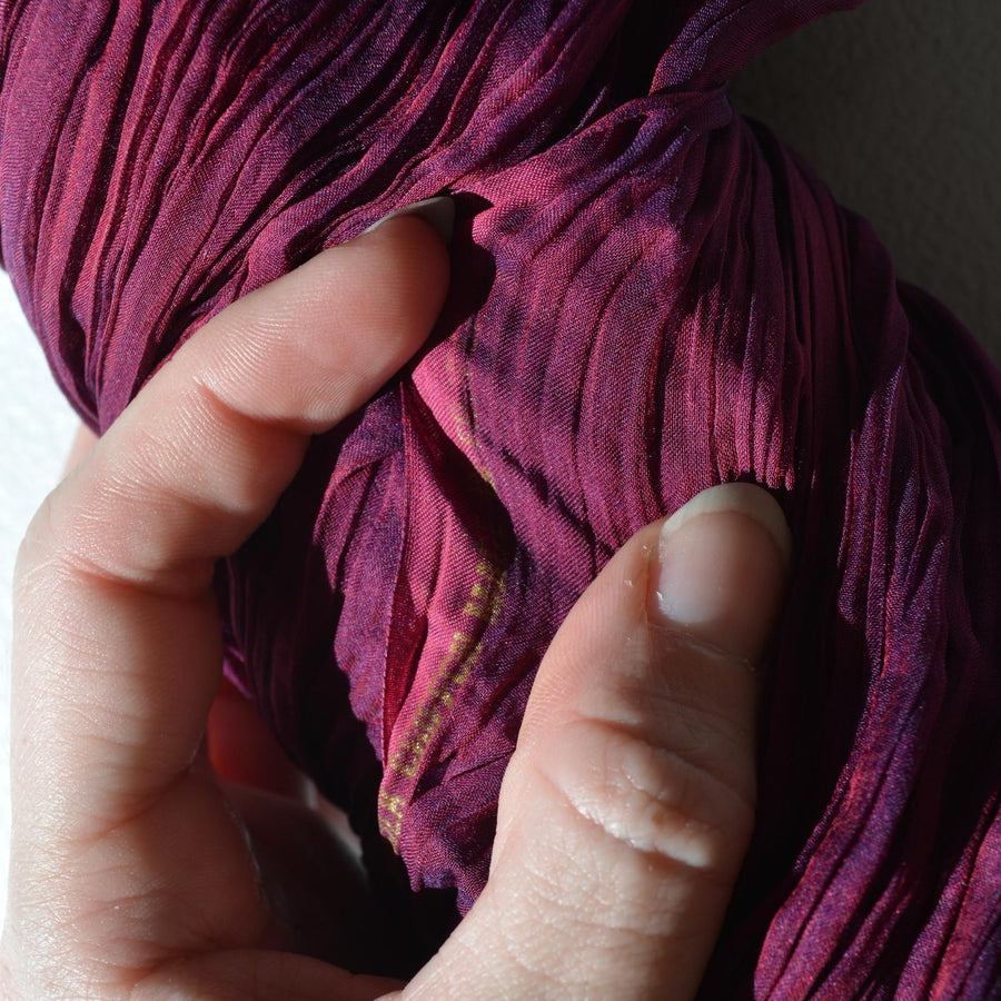 Vintage French Pleated Shibori Silk Crinkle Chiffon Fabric Purple / burgundy Two-tone iridescent Luxury Fabric | By the Yard