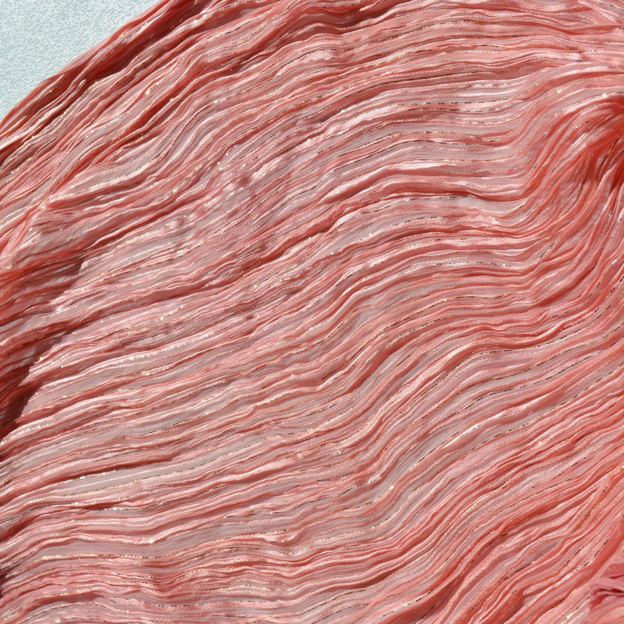 Pleated Shibori Silk Crinkle Chiffon Fabric Pink / metallic gold Metallic Luxury Fabric | By the Yard
