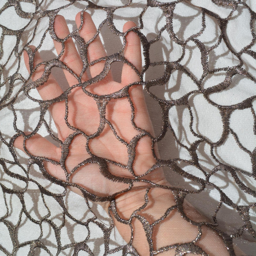 Metallic Embroidered Netting Fabric | Brown Designer Deadstock | Dresses, Tops, Special Occasion | By the Yard