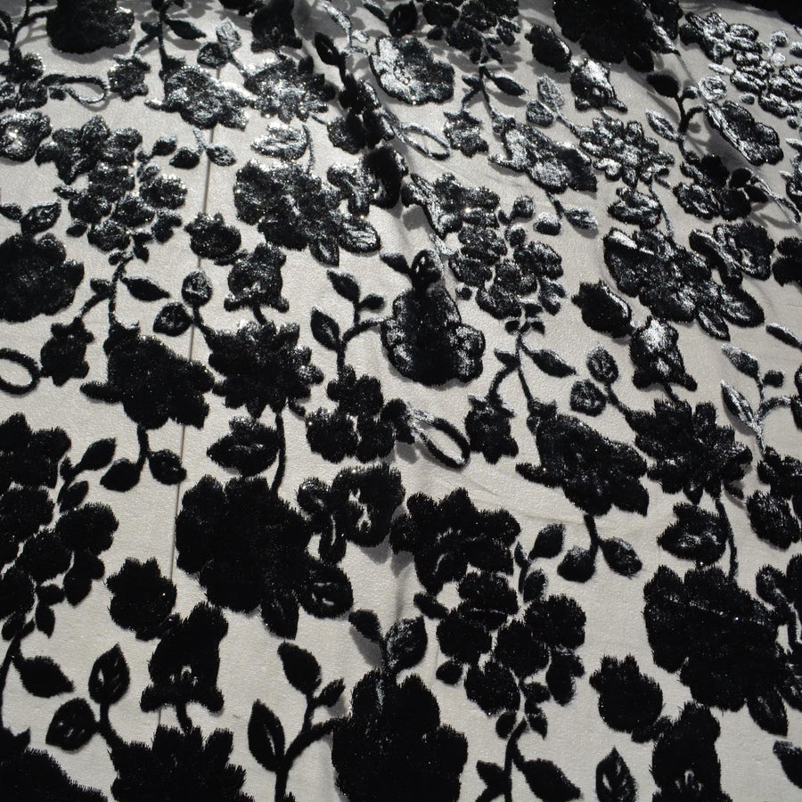 Black Burnout Velvet Fabric | Designer Deadstock Yardage |By the Yard
