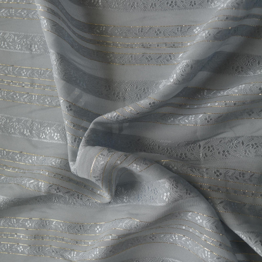 Sheer Gray Silk Fabric with Gold Threads Floral Design | By the Yard