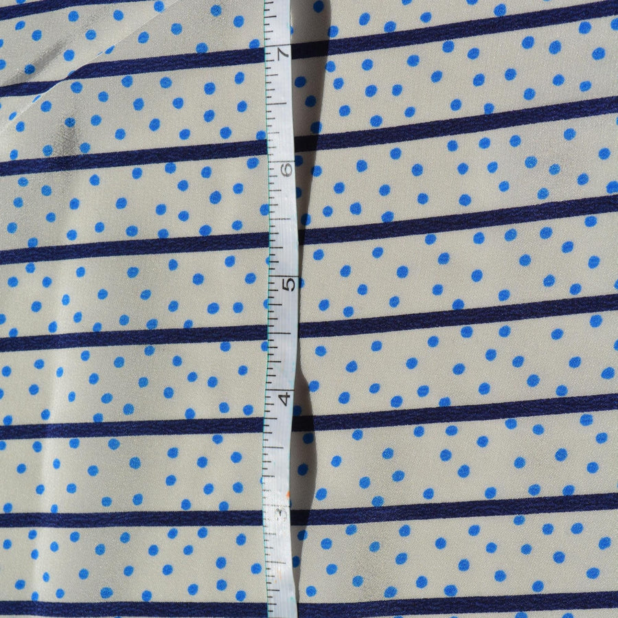 100% Silk Crepe de Chine Print White and navy Striped with dots 57" Wide Luxury Fabric Sewing | By the Yard