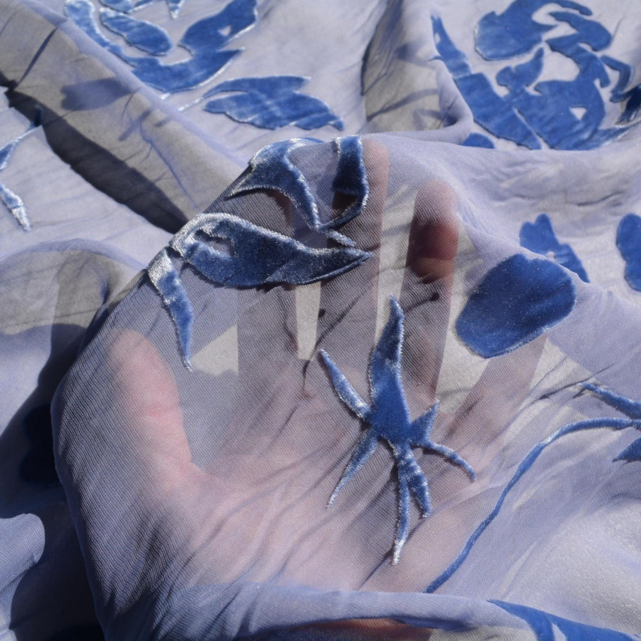 Burnout Velvet Chiffon Blue floral 45" Wide Luxury Fabric Sewing | By the Yard