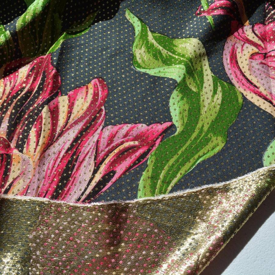 100% Silk Embroidered Silk Fabric Black Floral print on black with gold dots 54" Wide Luxury Fabric Sewing | By the Yard