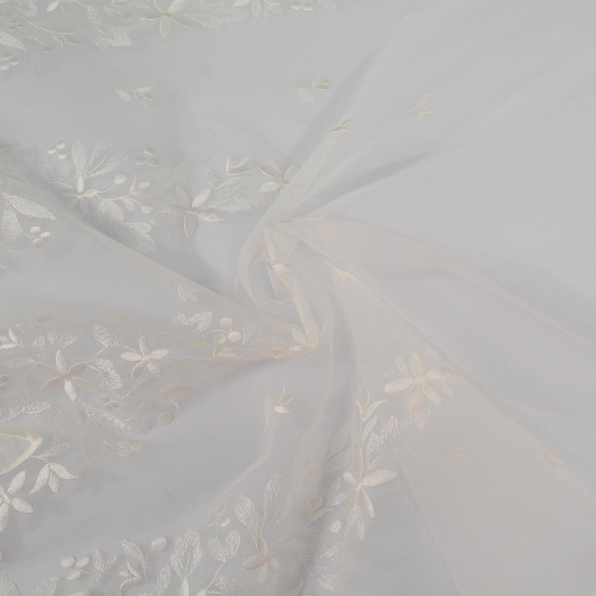 Swiss Pure Silk Organza | Floral Embroidered White 6 Momme Sheer 54 Inch Wide | By the Yard