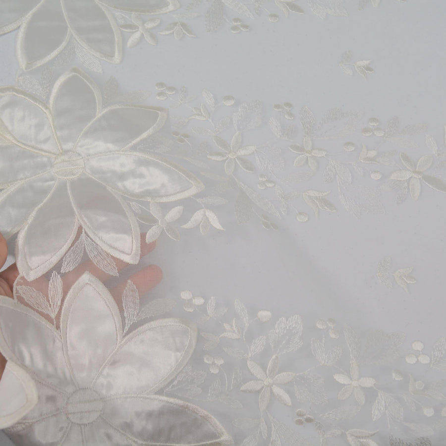 Swiss Pure Silk Organza | Floral Embroidered White 6 Momme Sheer 54 Inch Wide | By the Yard