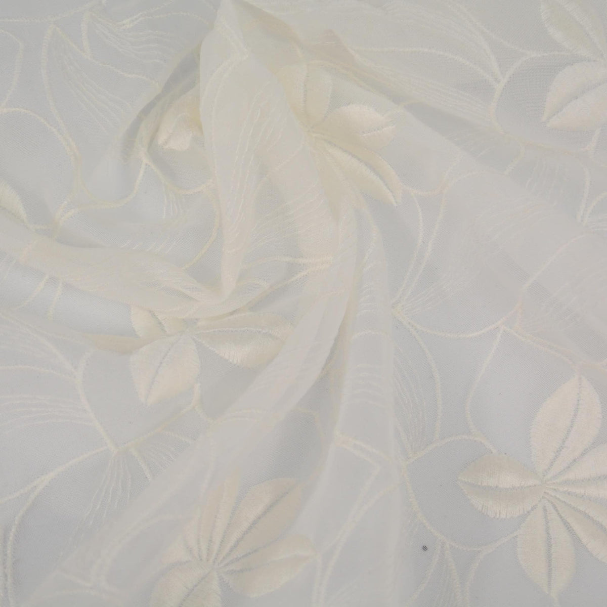 White Floral Embroidered Poly Chiffon Sheer Fabric 52.5 Inch Usable | By the Yard
