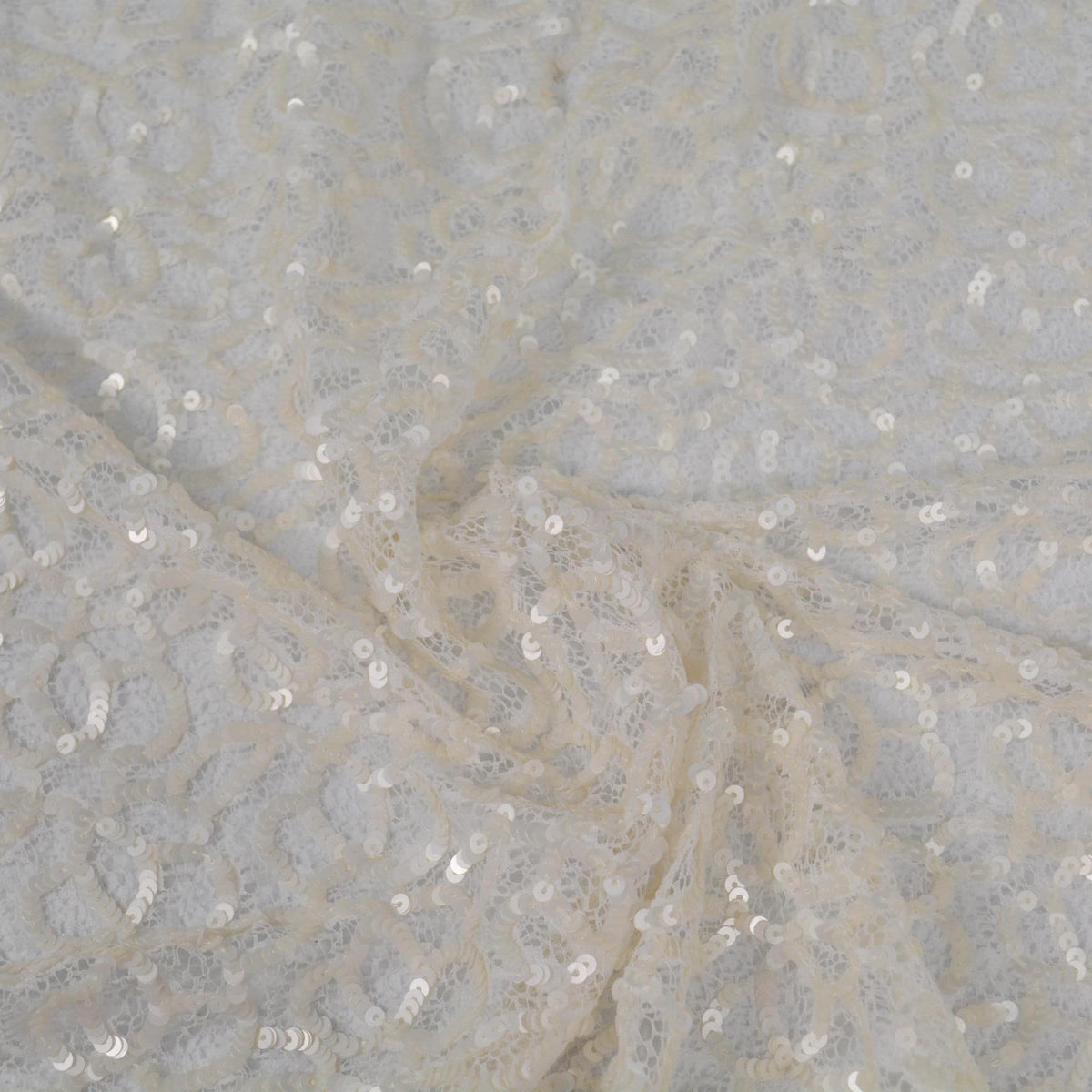 White Embroidered Lace with Cream Sequins Sheer Mesh 43 Inch Usable | By the Yard