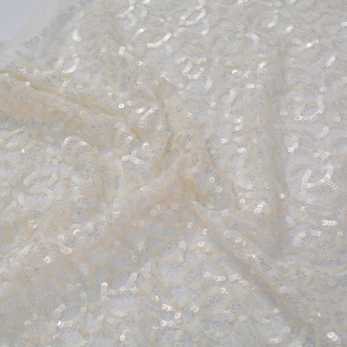 White Embroidered Lace with Cream Sequins Sheer Mesh 43 Inch Usable | By the Yard