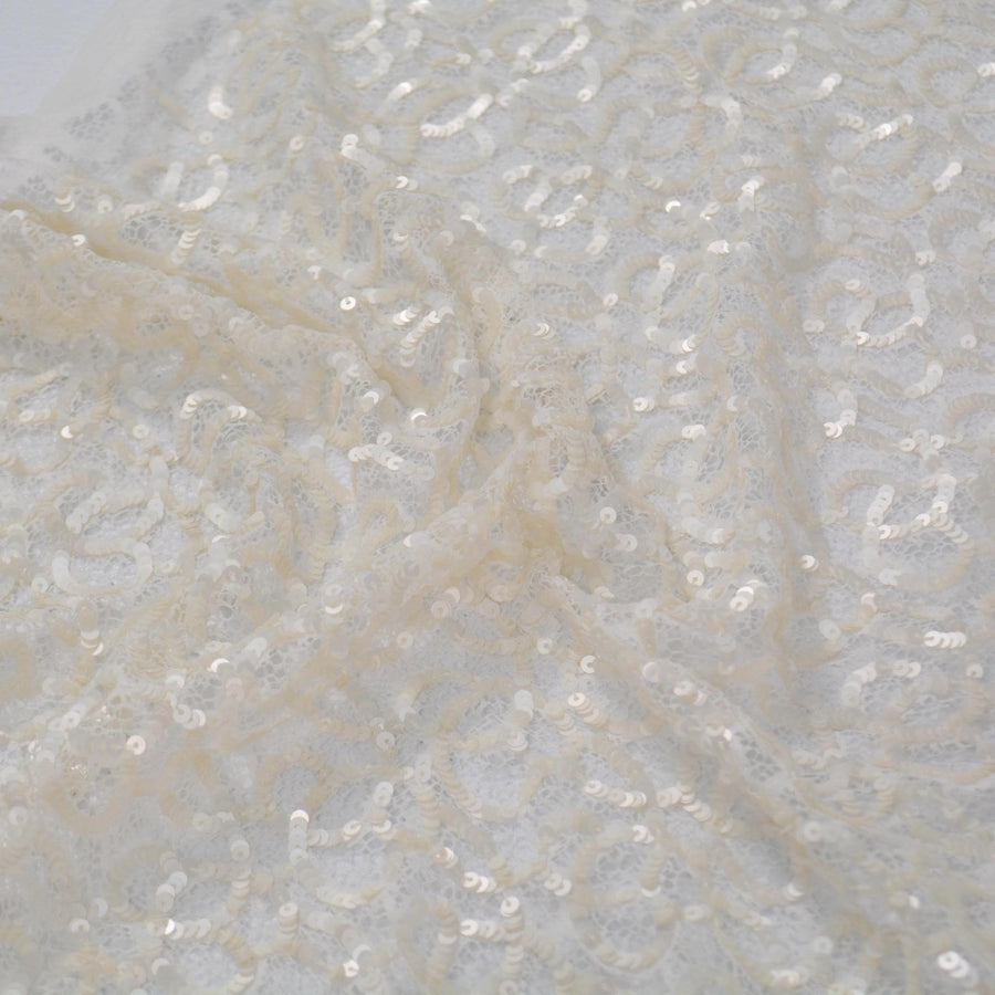 White Embroidered Lace with Cream Sequins Sheer Mesh 43 Inch Usable | By the Yard