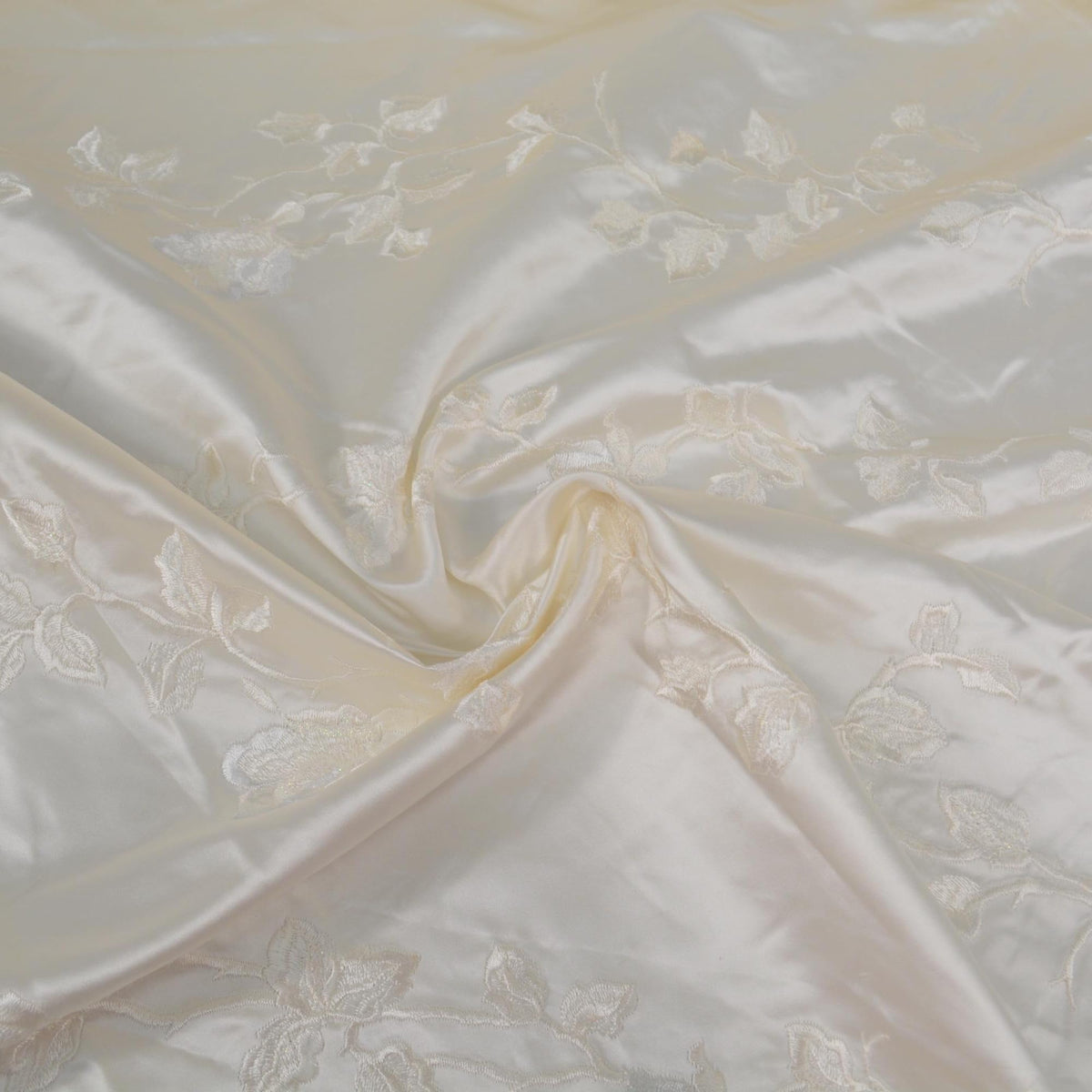 100% Silk European Duchess Satin | Heavyweight Custom Made Embroidered Cream Floral 52" Wide | By the Yard