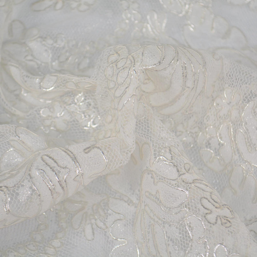 Silver Metallic Embroidered White Mesh Lace 51 Inch Wide | Custom Made Bridal Fabric | By the Yard