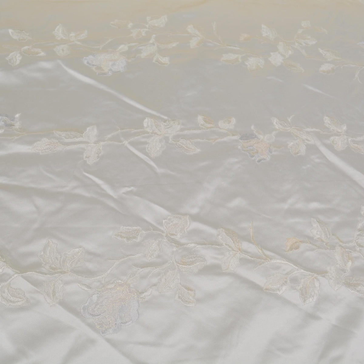 100% Silk European Duchess Satin | Heavyweight Custom Made Embroidered Cream Floral 52" Wide | By the Yard