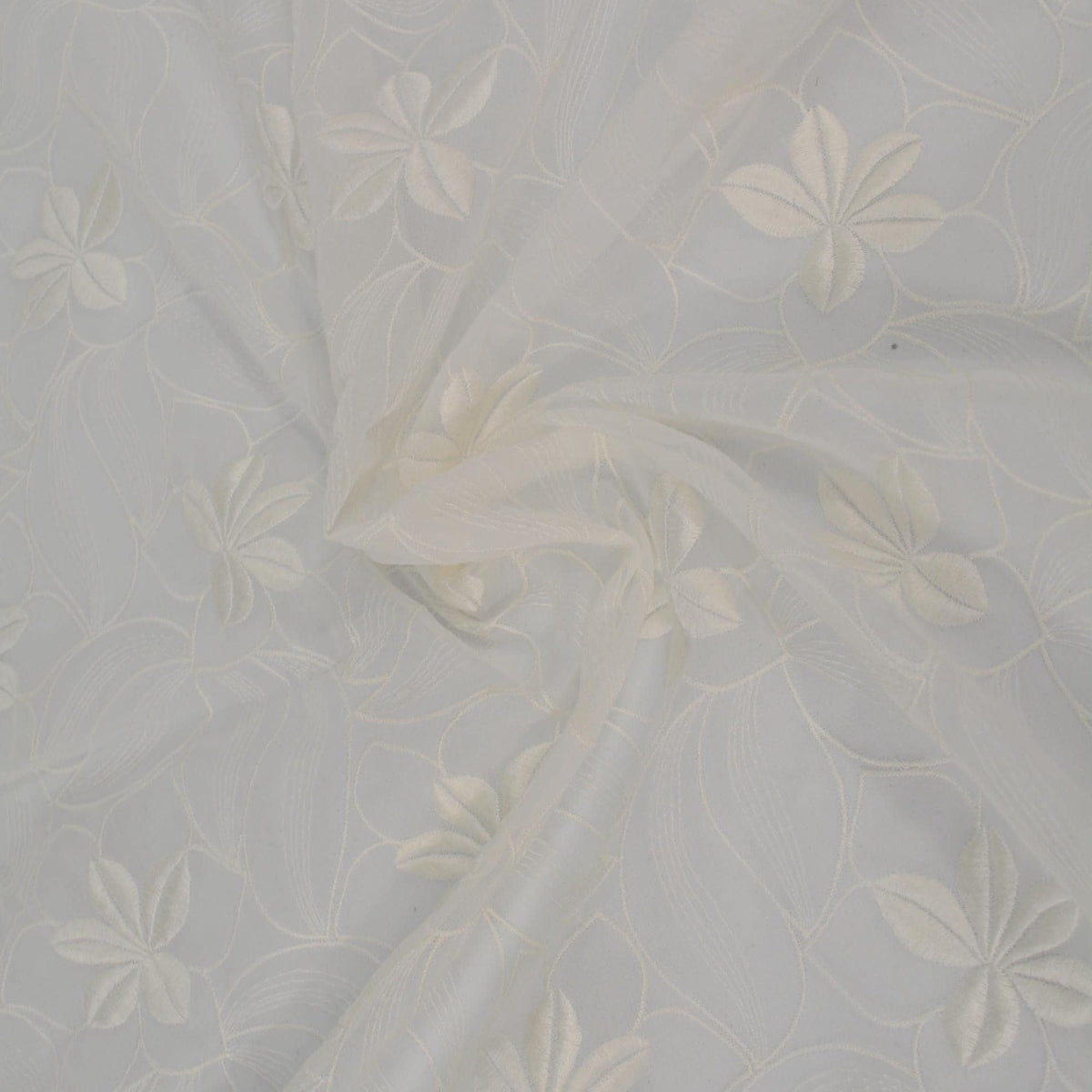 White Floral Embroidered Poly Chiffon Sheer Fabric 52.5 Inch Usable | By the Yard
