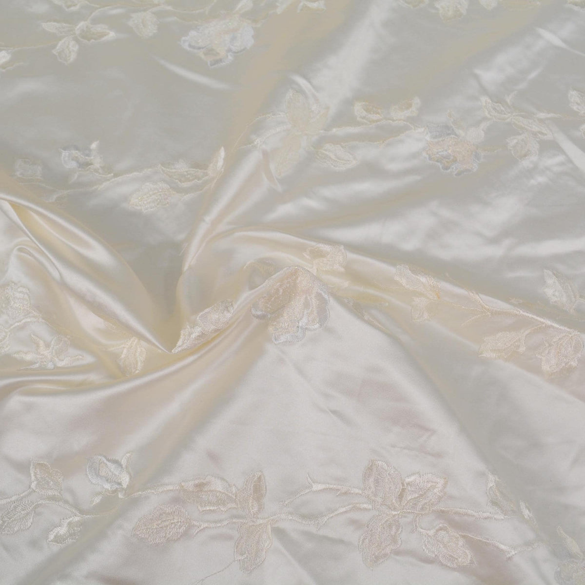 100% Silk European Duchess Satin | Heavyweight Custom Made Embroidered Cream Floral 52" Wide | By the Yard