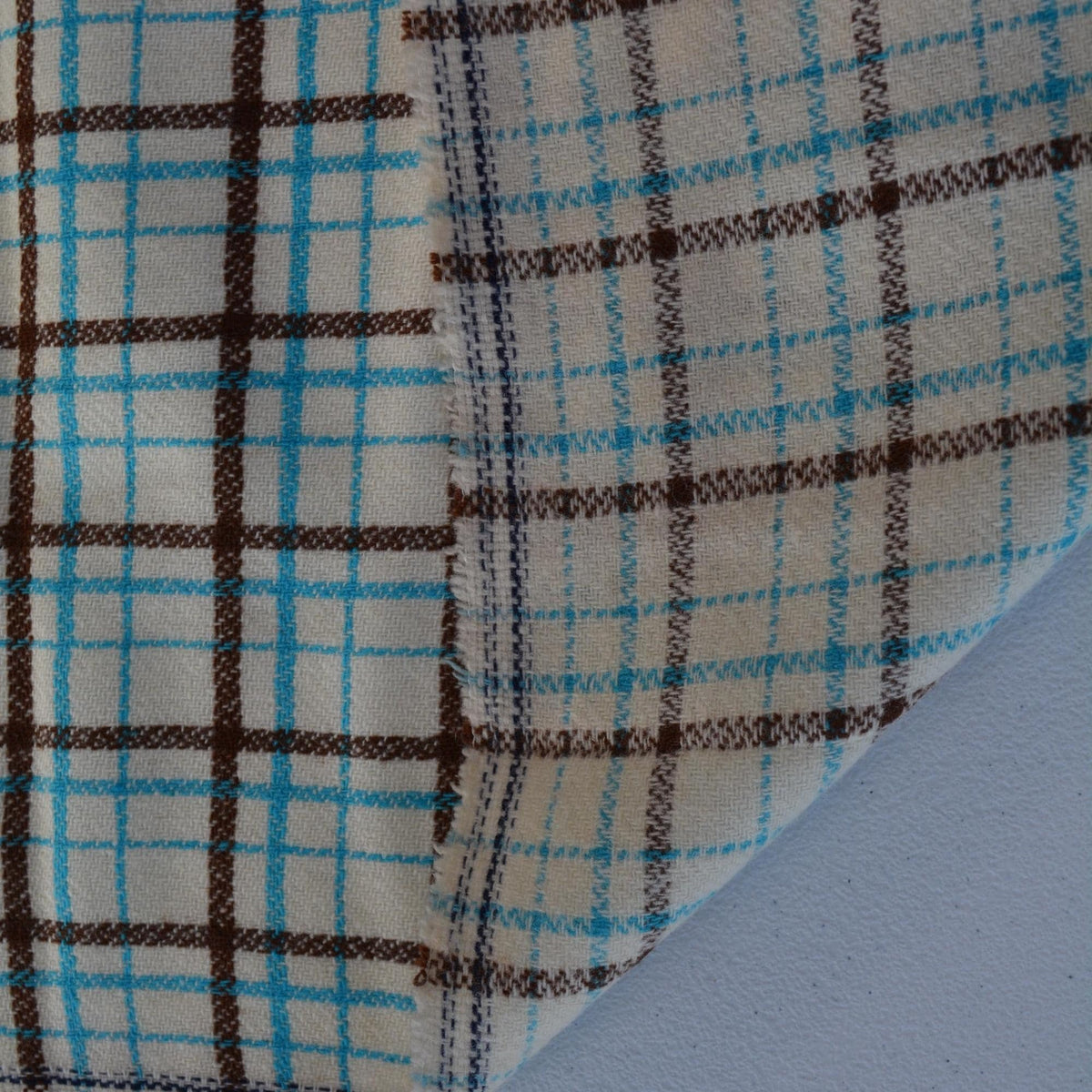 Heavyweight Beige Tartan Wool Fabric with Blue and Brown Windowpane 54 Inch Wide | By the Yard