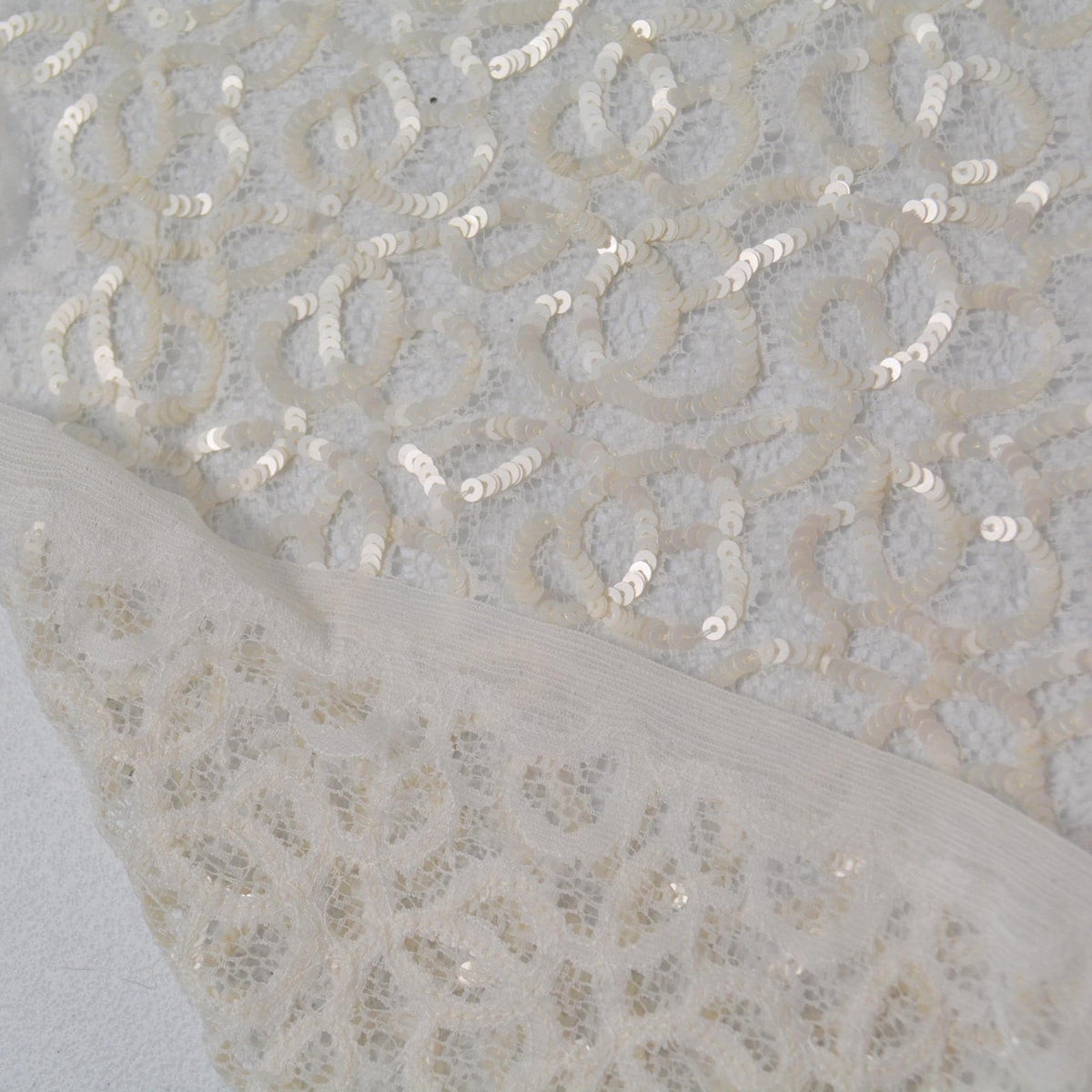 White Embroidered Lace with Cream Sequins Sheer Mesh 43 Inch Usable | By the Yard