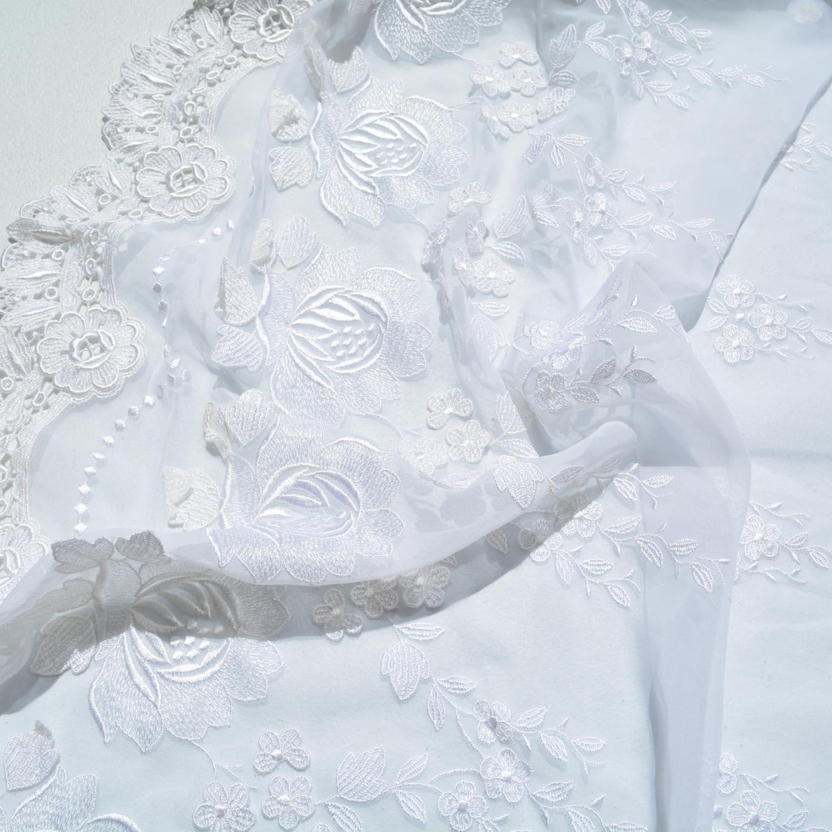 Chiffon Lace Fabric | White Sheer Designer Deadstock | Dresses, Blouses, Bridal | By the Yard
