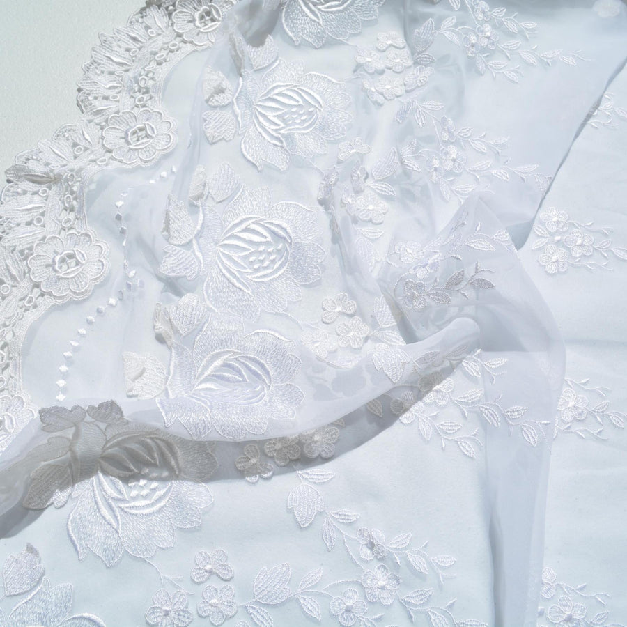Chiffon Lace Fabric | White Sheer Designer Deadstock | Dresses, Blouses, Bridal | By the Yard