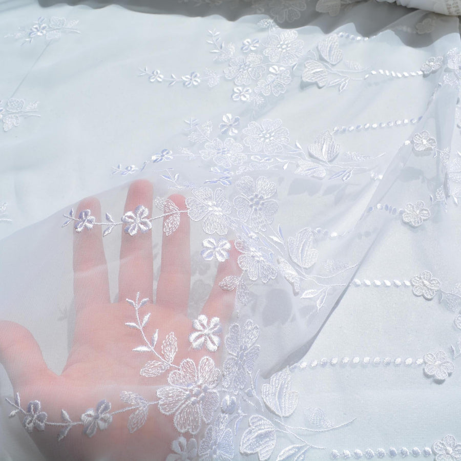 Chiffon Lace Fabric | White Sheer Designer Deadstock | Dresses, Blouses, Bridal | By the Yard