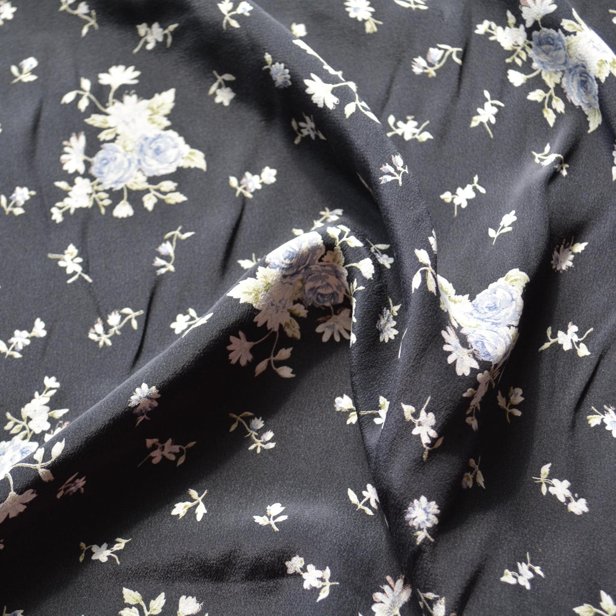 French 100% Silk Crepe de Chine Print Black and blue Floral print 54" Wide Luxury Fabric Sewing | By the Yard