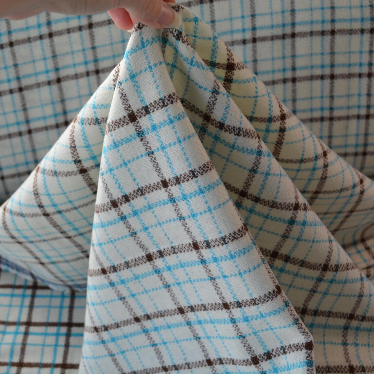 Heavyweight Beige Tartan Wool Fabric with Blue and Brown Windowpane 54 Inch Wide | By the Yard