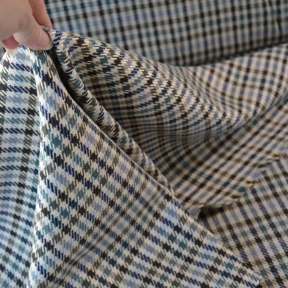 Vintage Madrid Checkered Wool Fabric | Beige Brown Light Blue Designer Deadstock | By the Yard