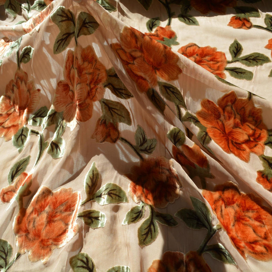 Beige and orange | silk poly blend | Velvet | Designer Deadstock |By the Yard