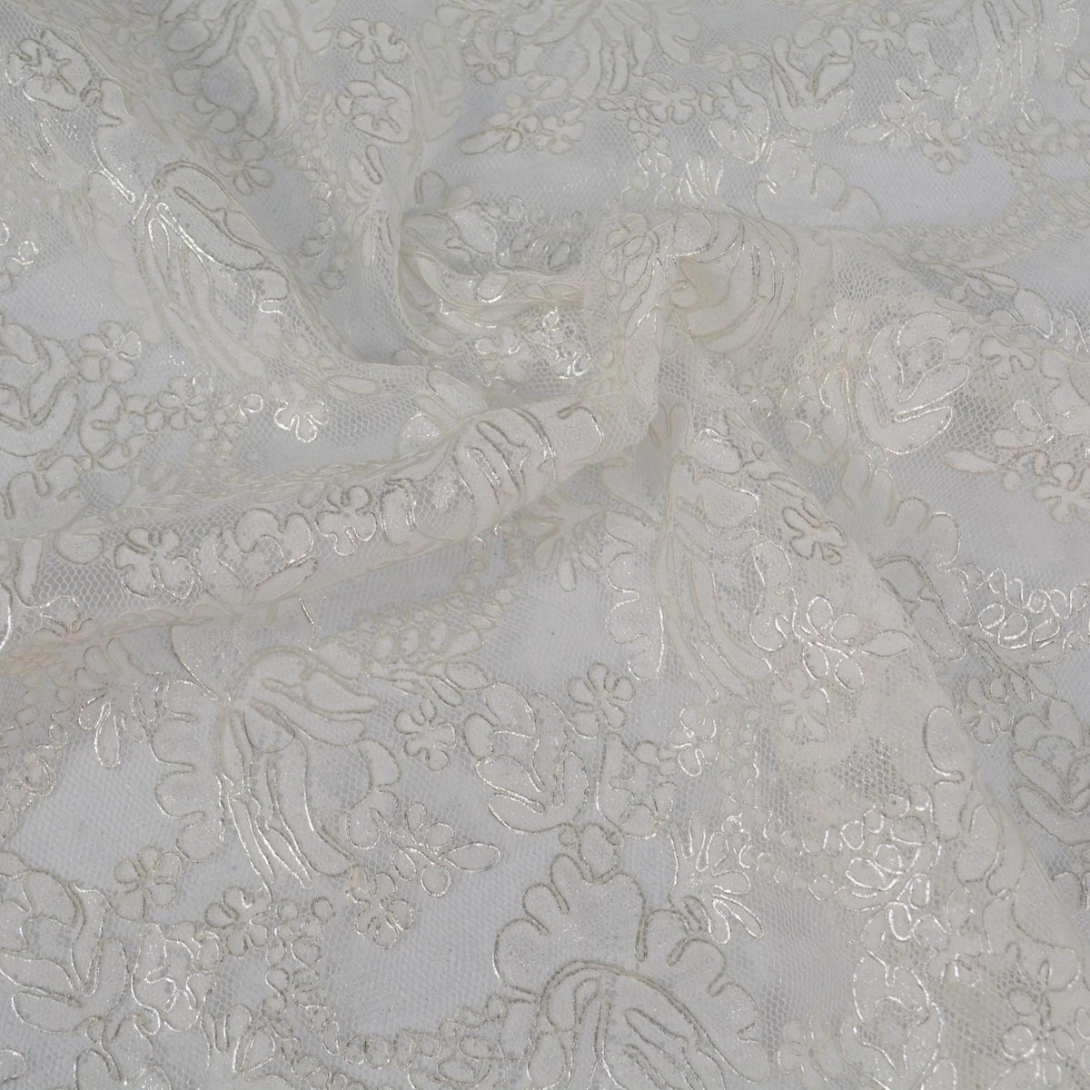 Silver Metallic Embroidered White Mesh Lace 51 Inch Wide | Custom Made Bridal Fabric | By the Yard