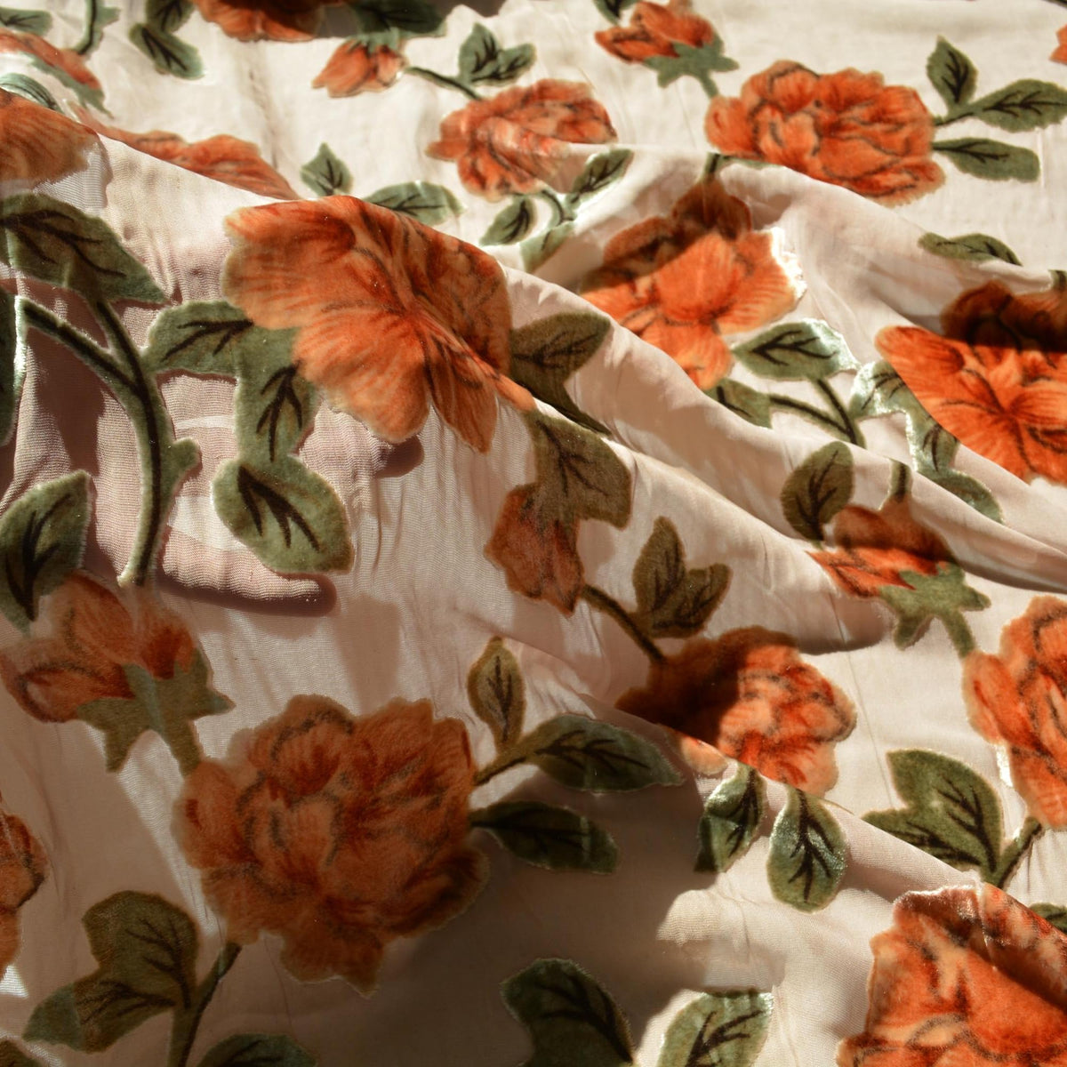 Beige and orange | silk poly blend | Velvet | Designer Deadstock |By the Yard