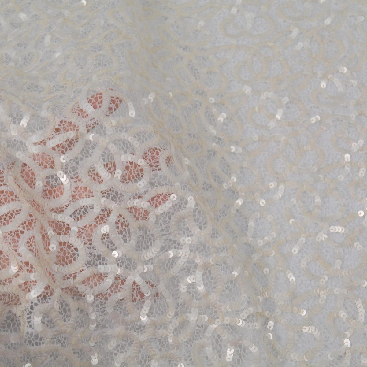 White Embroidered Lace with Cream Sequins Sheer Mesh 43 Inch Usable | By the Yard