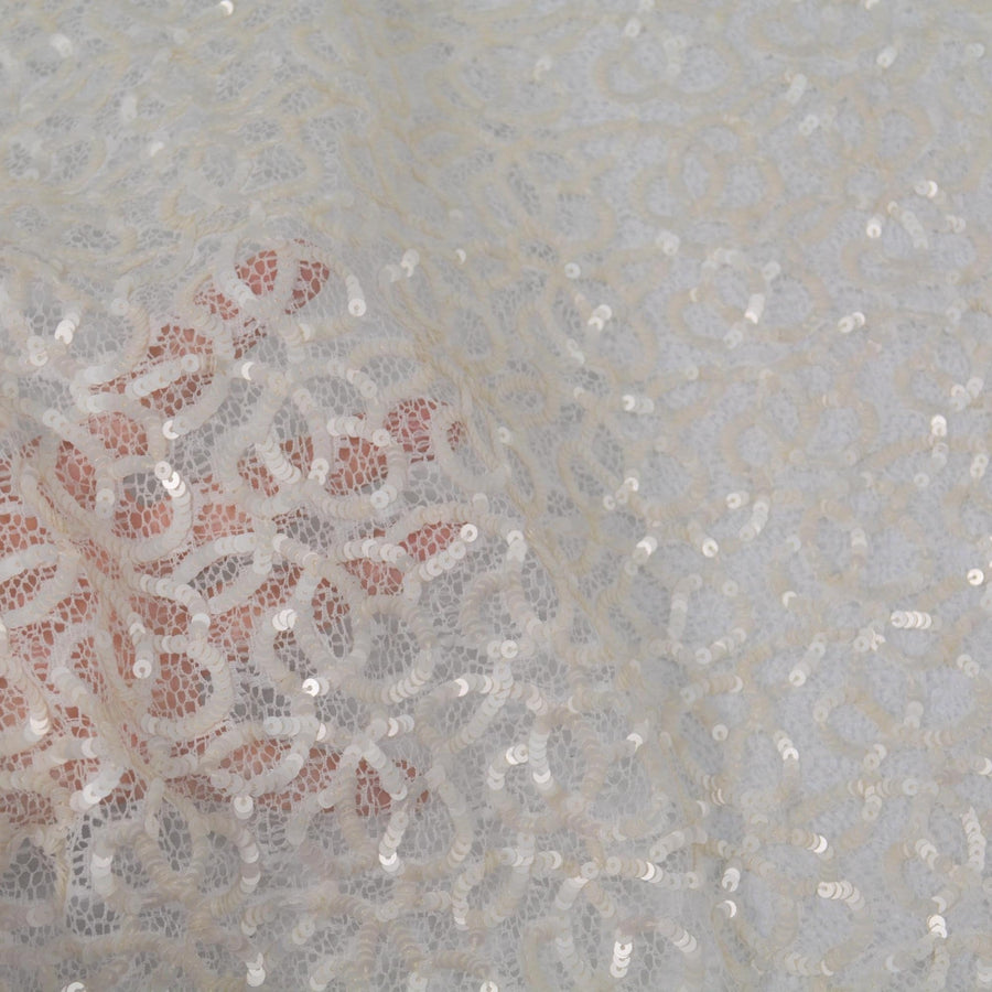 White Embroidered Lace with Cream Sequins Sheer Mesh 43 Inch Usable | By the Yard