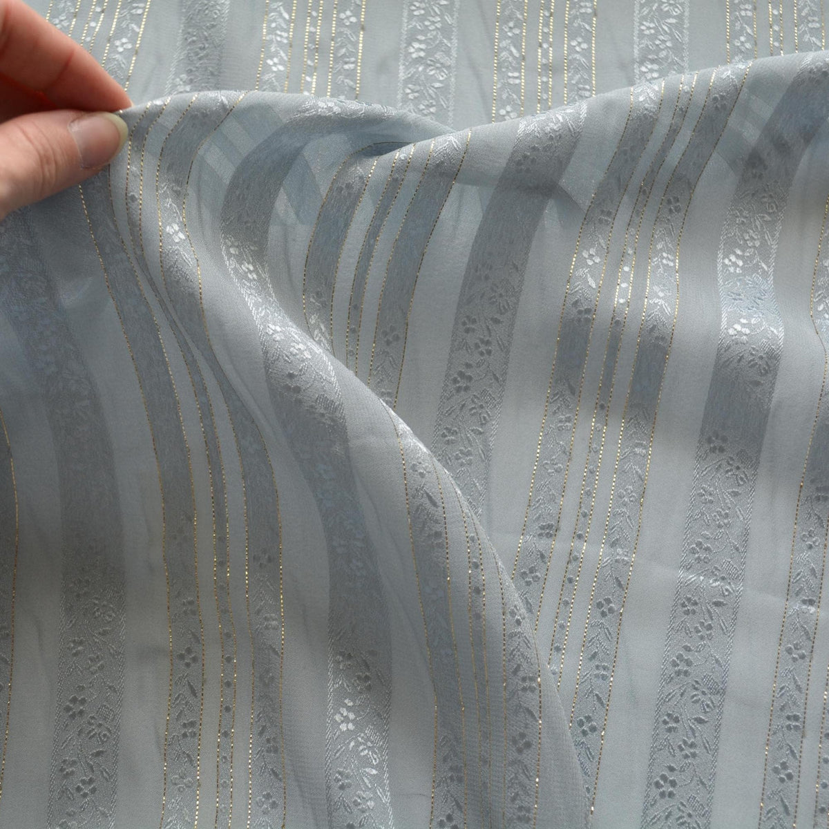 Sheer Gray Silk Fabric with Gold Threads Floral Design | By the Yard
