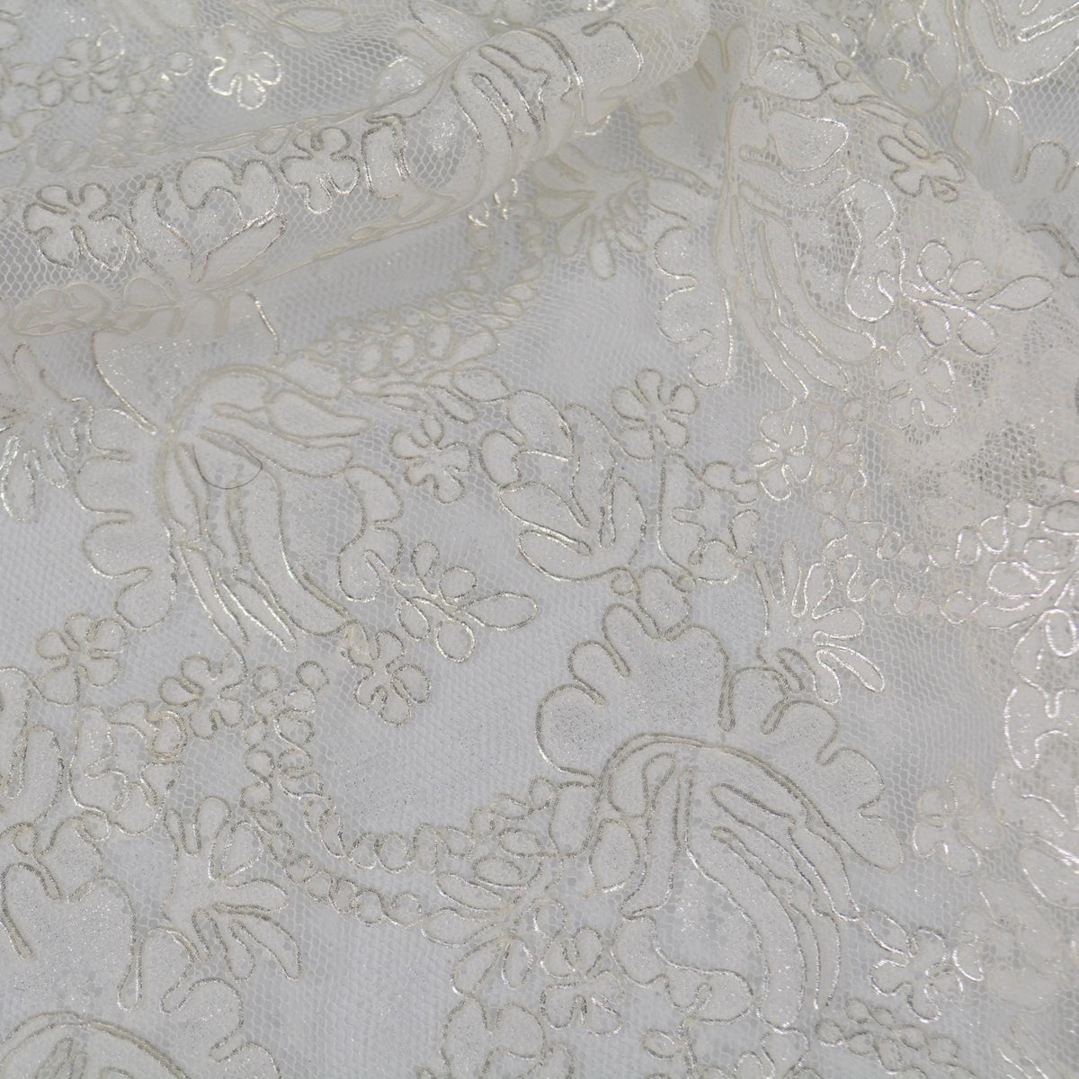 Silver Metallic Embroidered White Mesh Lace 51 Inch Wide | Custom Made Bridal Fabric | By the Yard