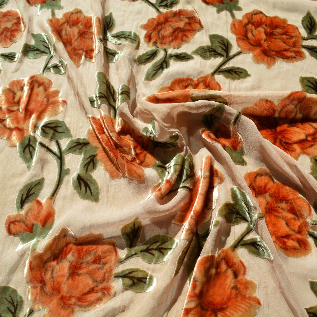 Beige and orange | silk poly blend | Velvet | Designer Deadstock |By the Yard