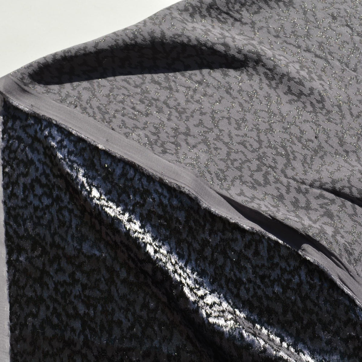 Gray Black Metallic Velvet on Silk Georgette | Designer Fabric | Silk Burnout Velvet, Luxury Dressmaking Fabric | By the