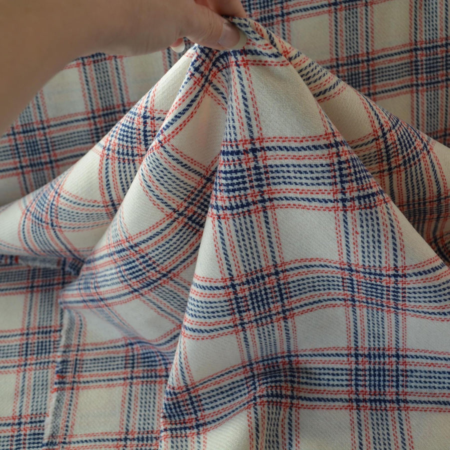 Heavyweight Beige Wool Tweed Fabric with Blue and Red Windowpane Check 55 Inch Wide | By the Yard