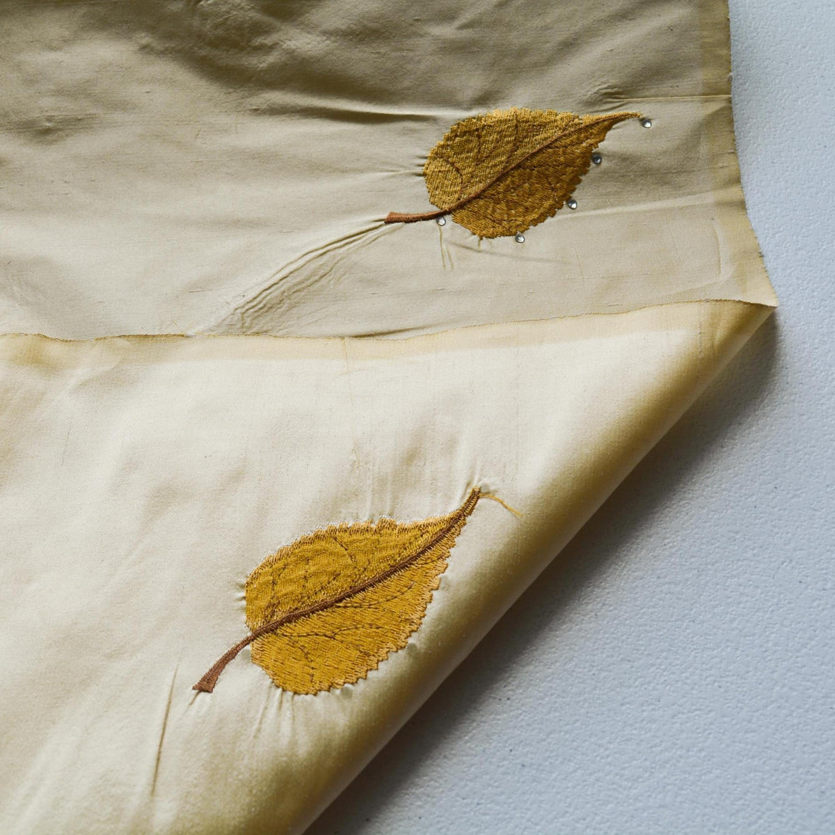 100% Silk Embroidered Dupioni Gold and white Two-tone leaves 55" Wide Luxury Fabric Sewing | By the Yard