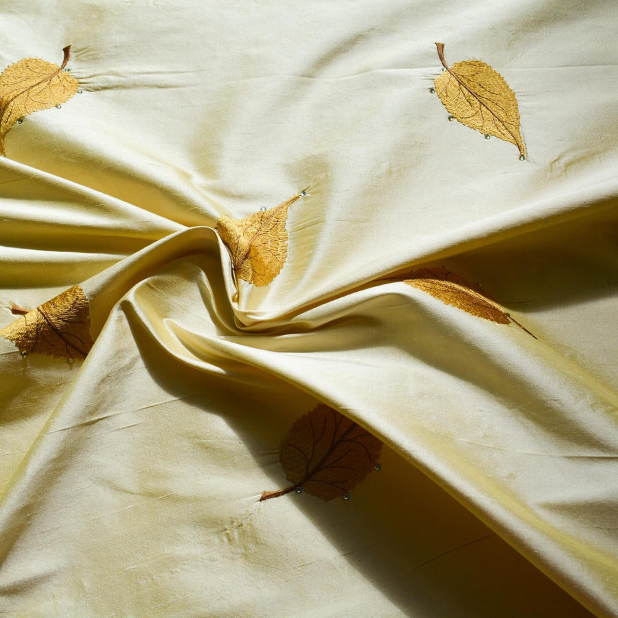 100% Silk Embroidered Dupioni Gold and white Two-tone leaves 55" Wide Luxury Fabric Sewing | By the Yard