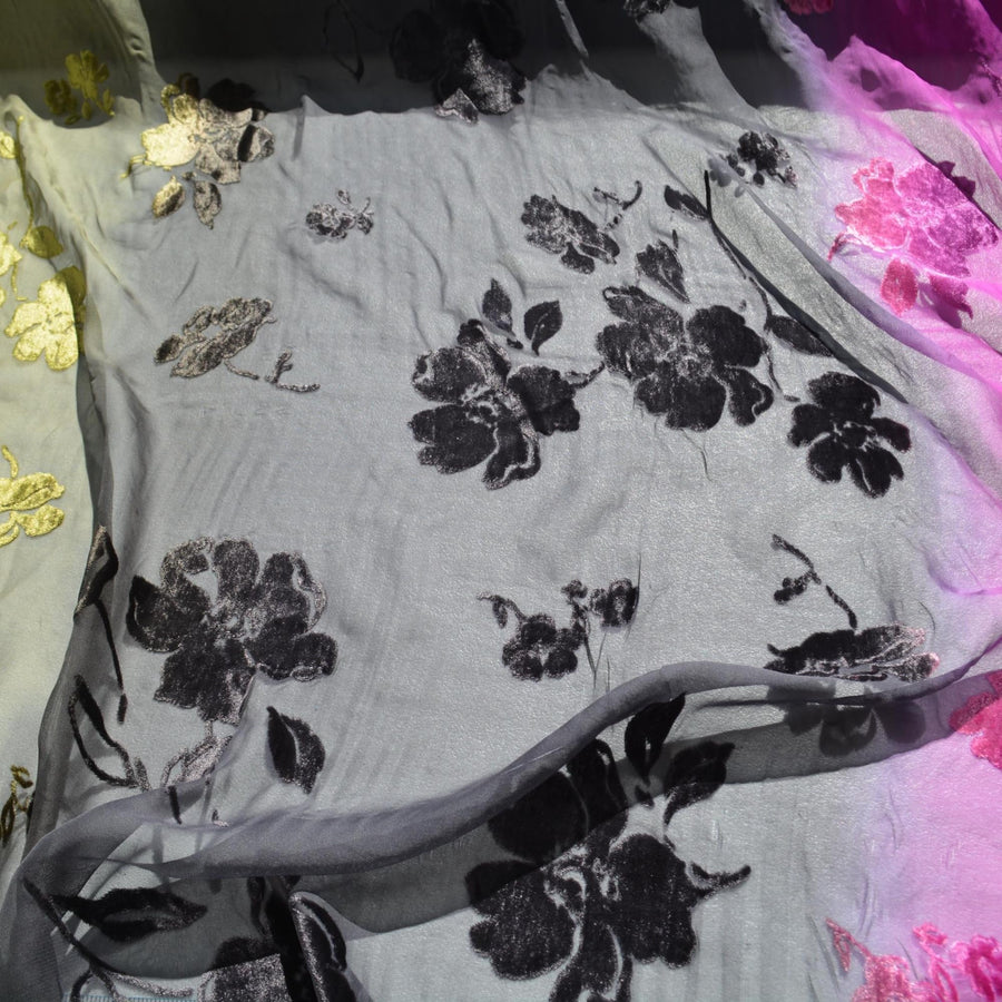 Burnout Chiffon Fabric | Purple, black, and green | Polyester |By the Yard