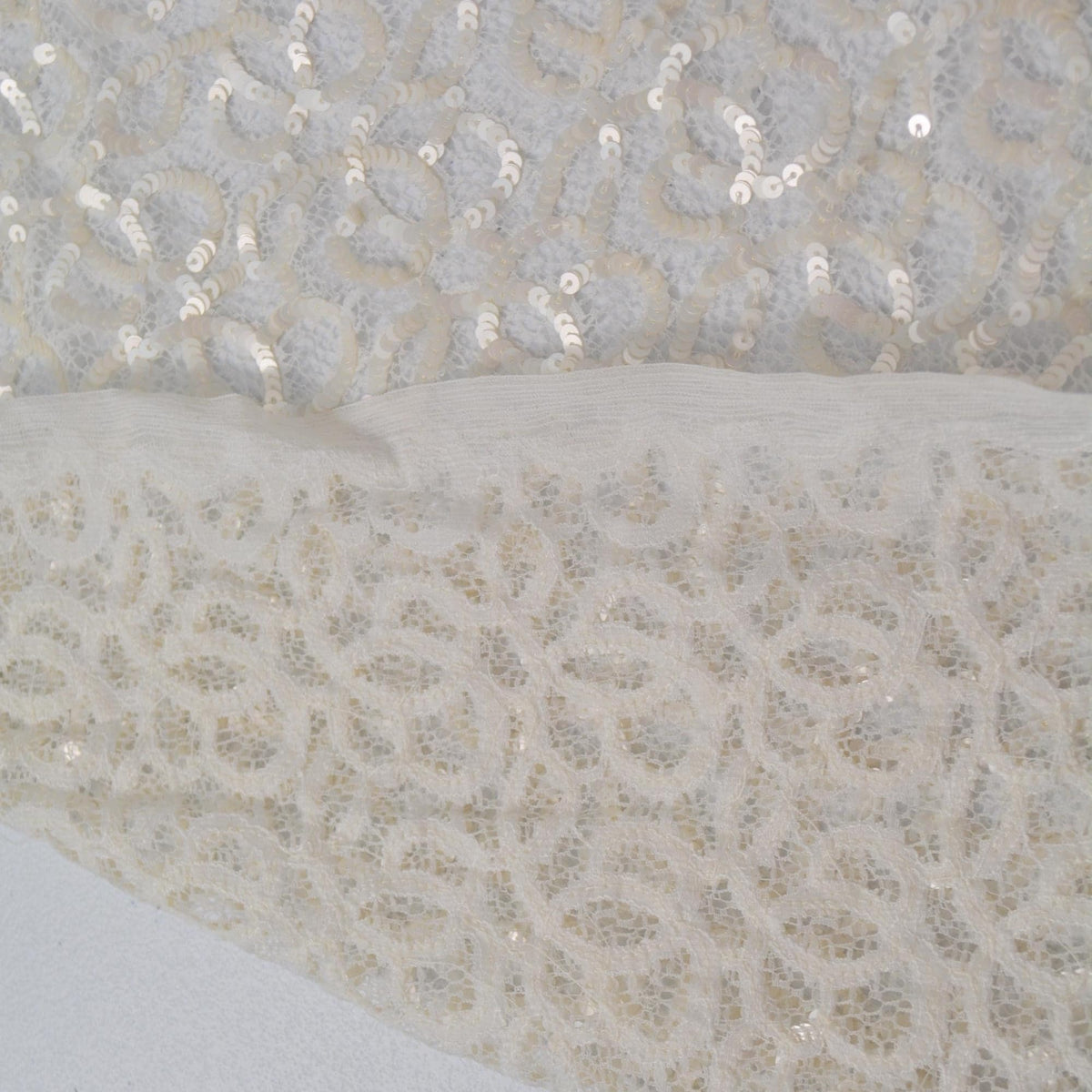 White Embroidered Lace with Cream Sequins Sheer Mesh 43 Inch Usable | By the Yard