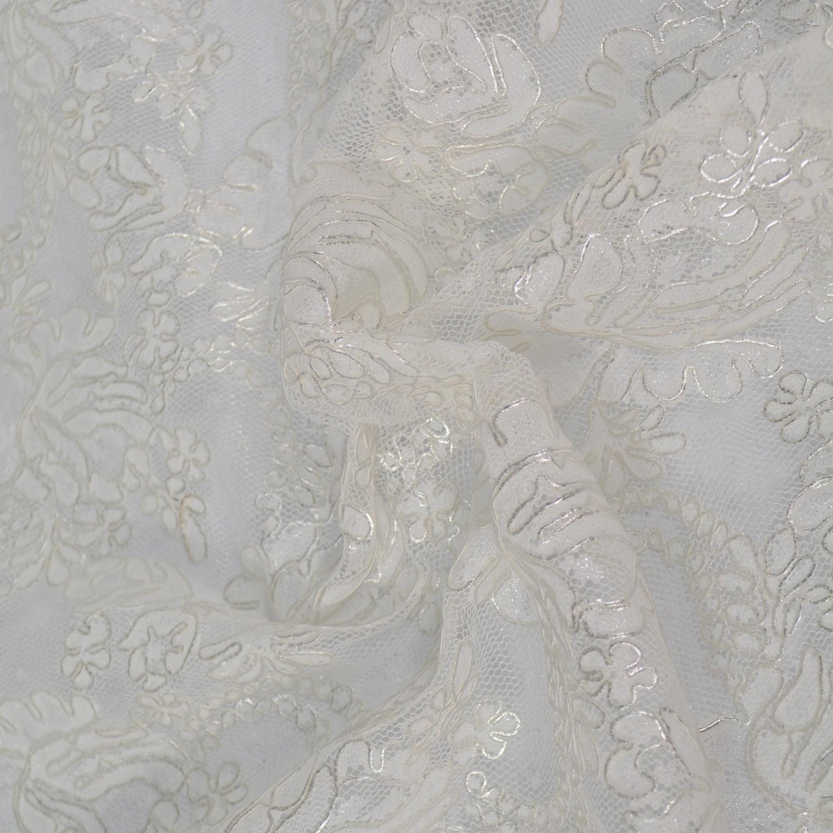 Silver Metallic Embroidered White Mesh Lace 51 Inch Wide | Custom Made Bridal Fabric | By the Yard
