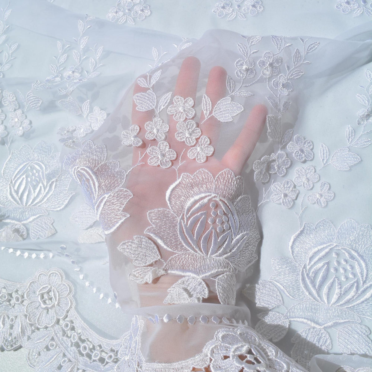 Chiffon Lace Fabric | White Sheer Designer Deadstock | Dresses, Blouses, Bridal | By the Yard