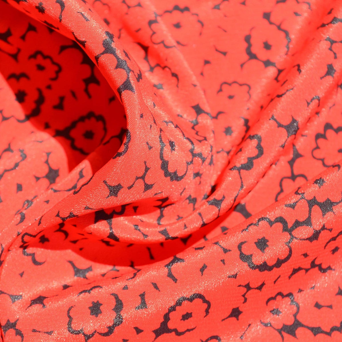 Pure Silk Twill Fabric | Black & Red Floral Lightweight Designer Deadstock | Dresses, Blouses, Scarves | By the Yard