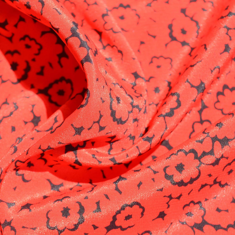 Pure Silk Twill Fabric | Black & Red Floral Lightweight Designer Deadstock | Dresses, Blouses, Scarves | By the Yard
