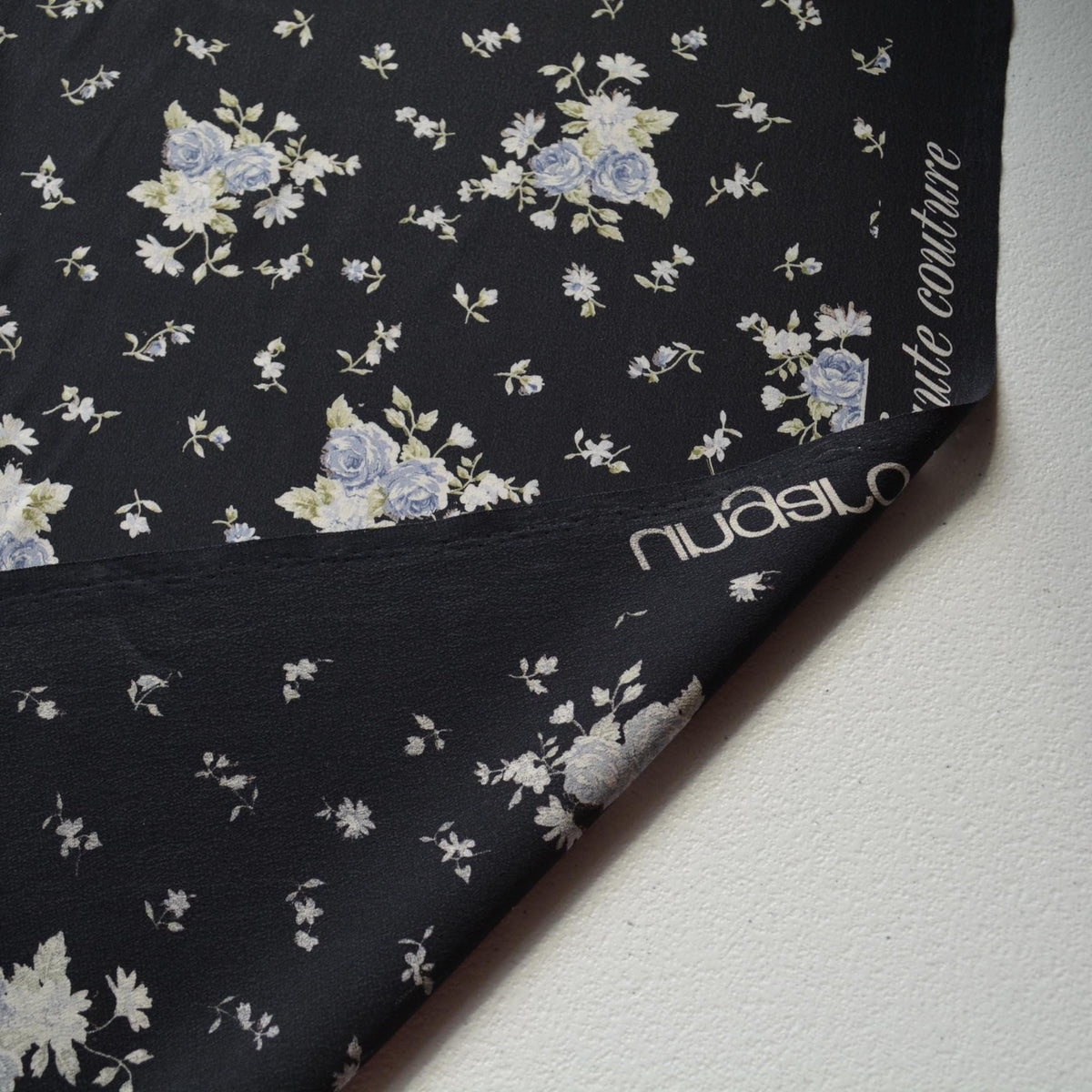 French 100% Silk Crepe de Chine Print Black and blue Floral print 54" Wide Luxury Fabric Sewing | By the Yard