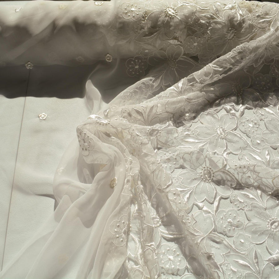 European White Silk Organza Floral Cutout Embroidery Fabric | By the Yard