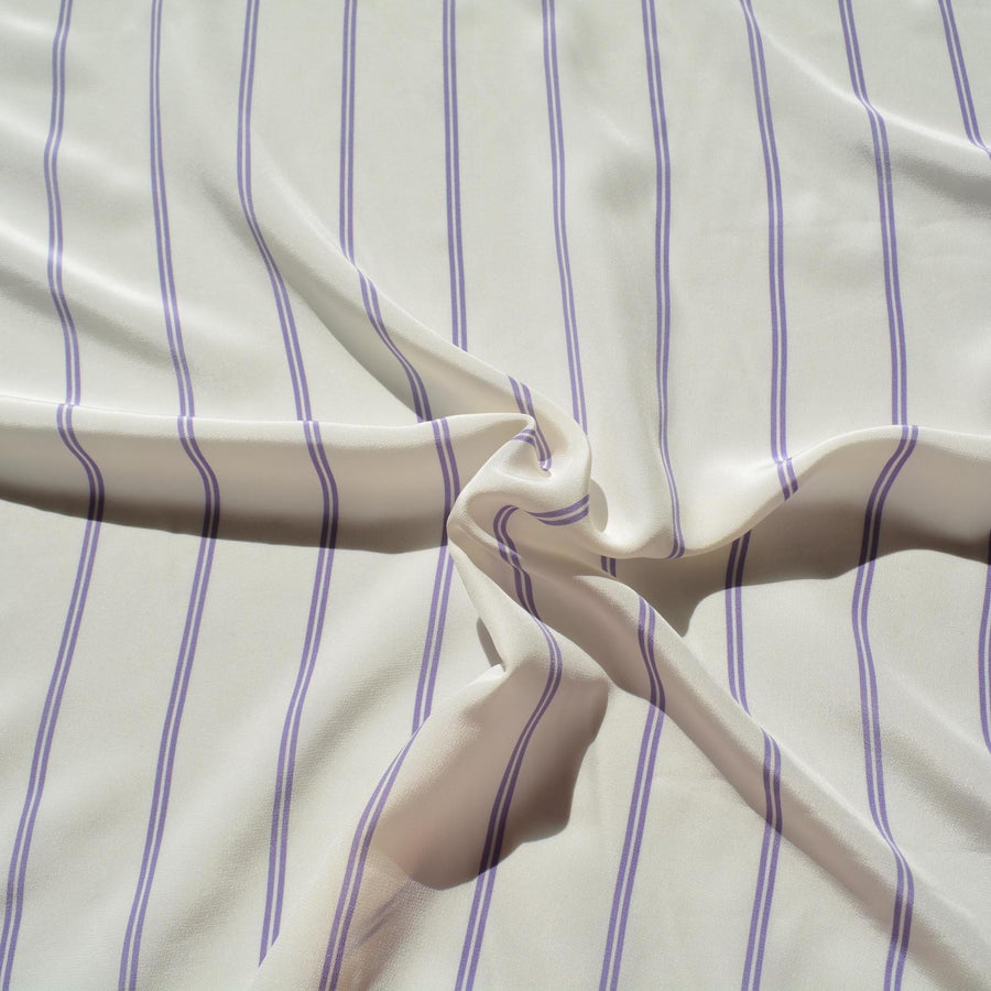 100% Silk Crepe de Chine Print White and purple Striped 56" Wide Luxury Fabric Sewing | By the Yard